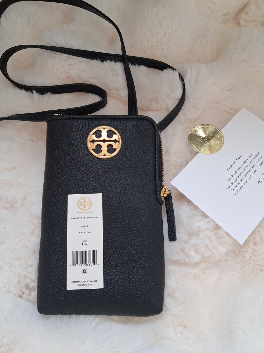 NWT Tory Burch Grace Black Pebbled Leather Phone Crossbody